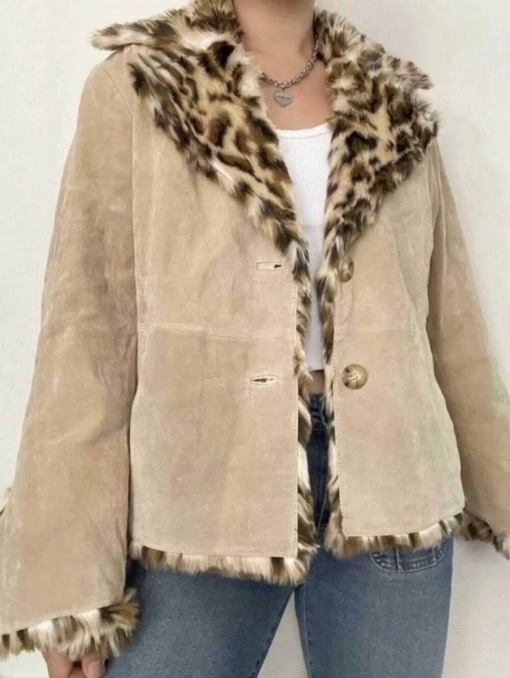 New York And Company Y2K Suede Leather Beige Leopard Women Penny Lane Jacket XL